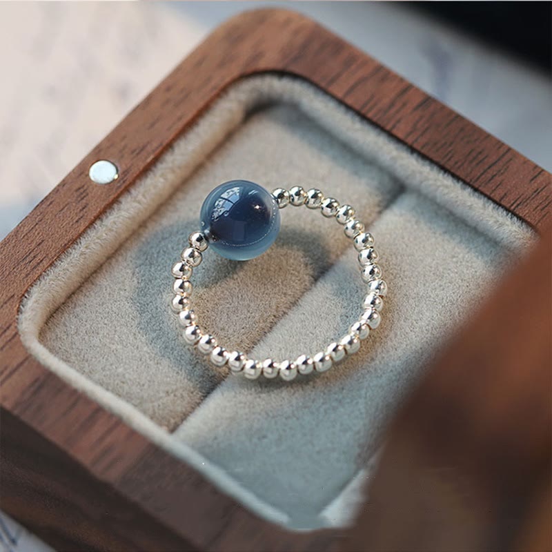 Blue Agate Silver Bead Ring — product view