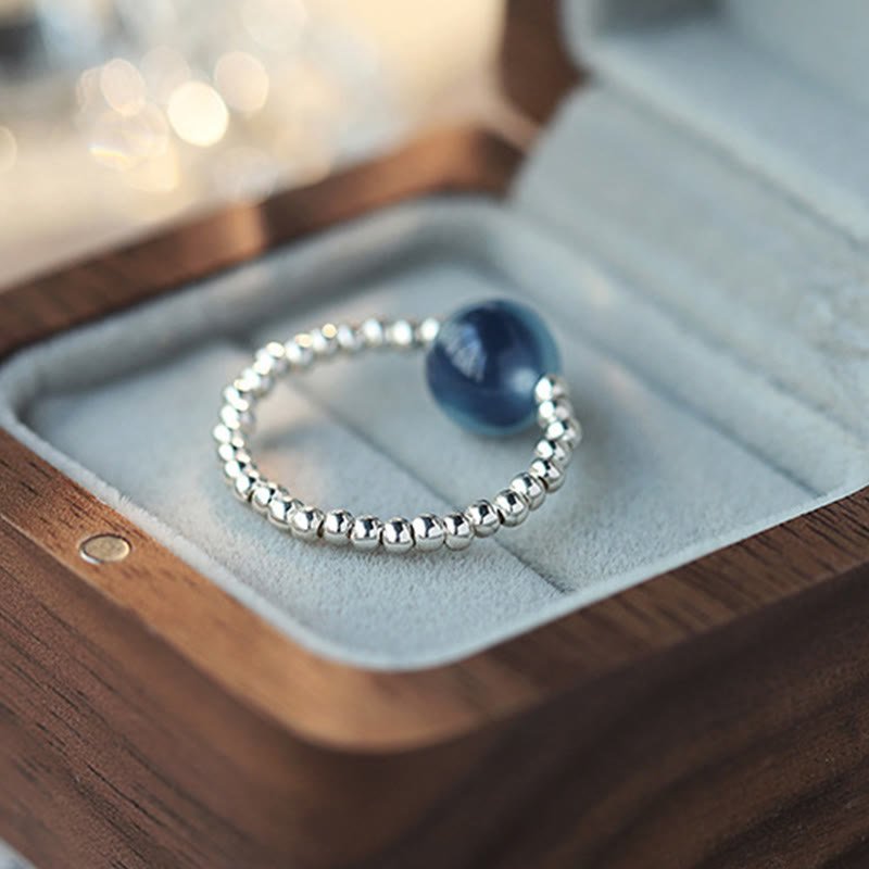 Blue Agate Silver Bead Ring — detail view 3