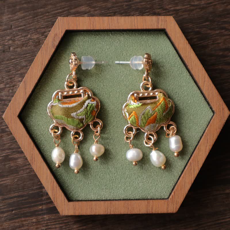 Brocade Lock and Pearl Drop Earrings — product view 2