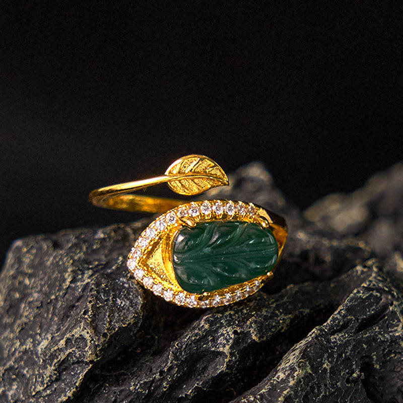 Carved Jade Leaf Open Ring — product view 1