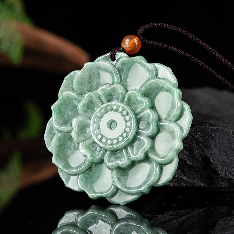 Carved Jade Lotus Disc Necklace — detail view 2