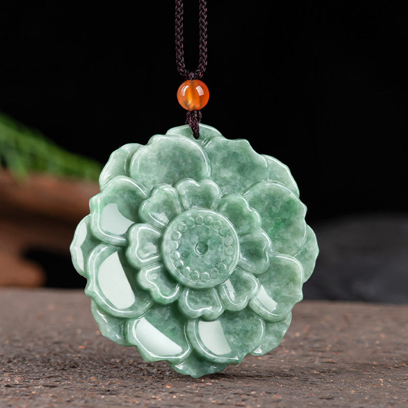 Carved Jade Lotus Disc Necklace — detail view 5
