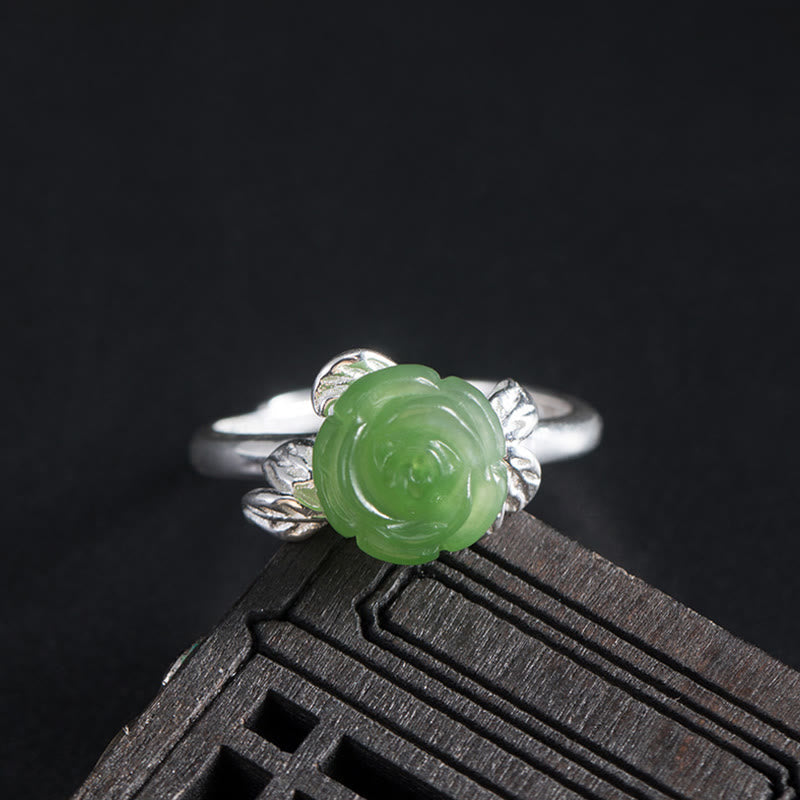 Carved Jade Rose Silver Ring — product view 1