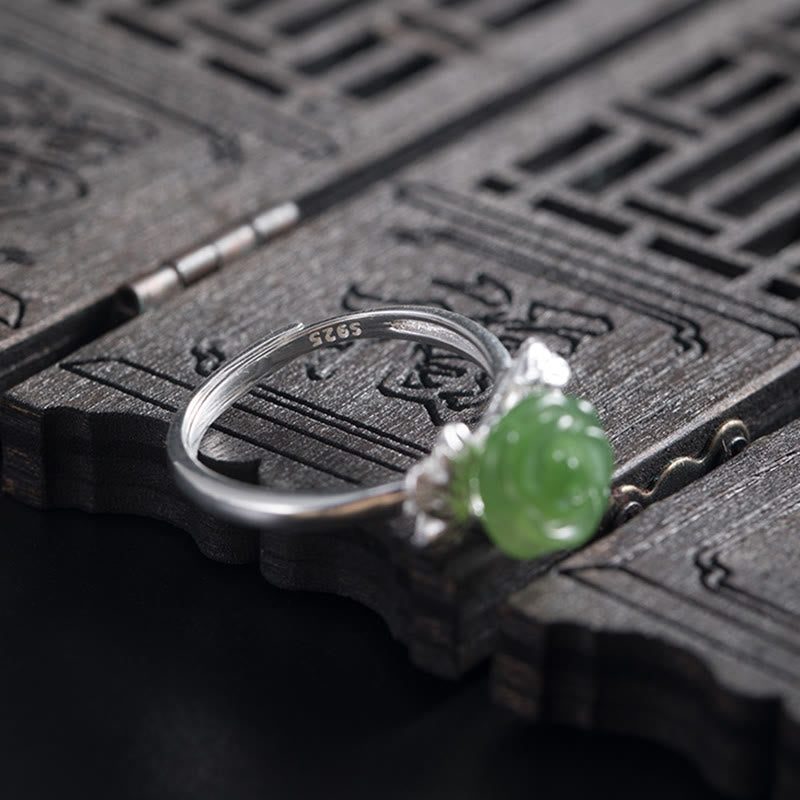 Carved Jade Rose Silver Ring — product view 2