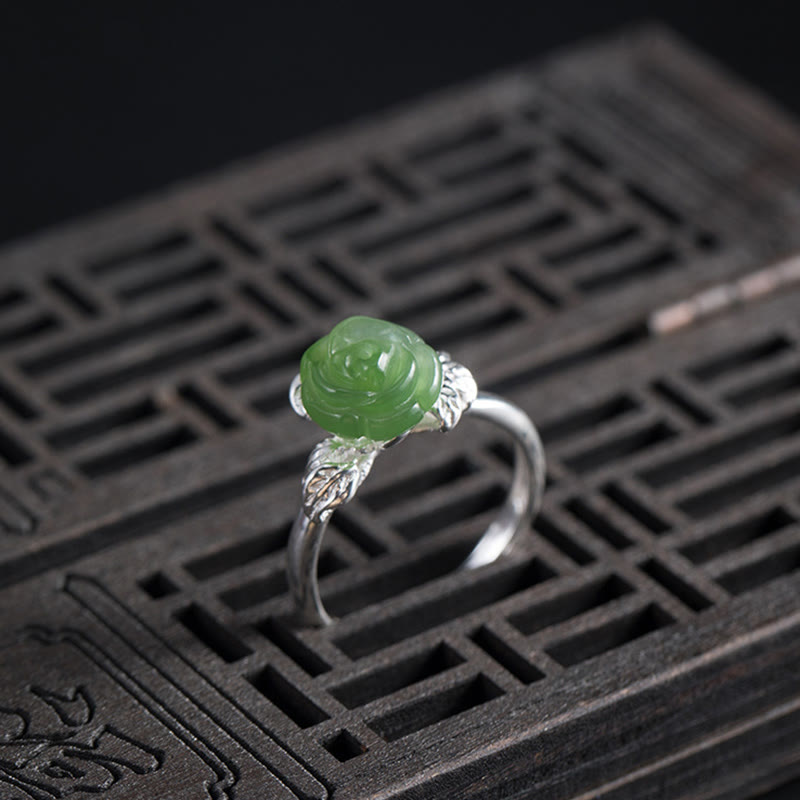 Carved Jade Rose Silver Ring — product view 4
