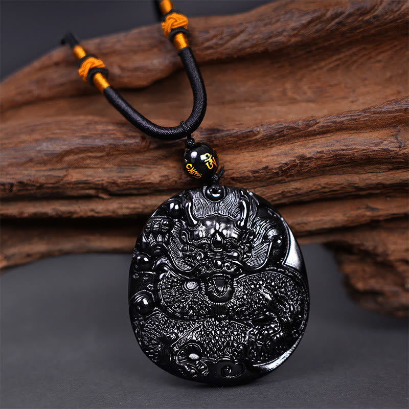 Carved Obsidian Dragon Disc Necklace — product view 1