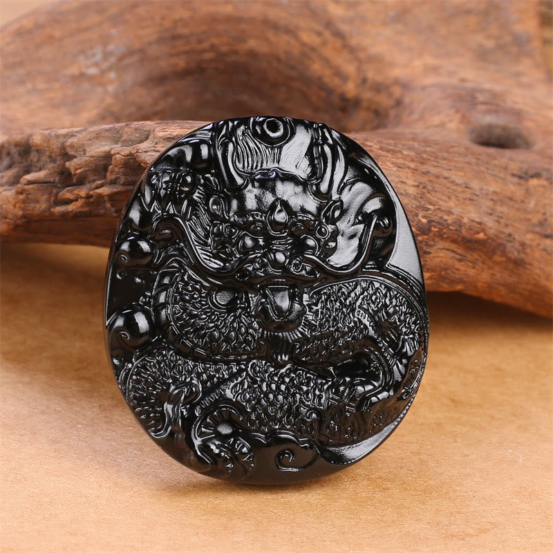Carved Obsidian Dragon Disc Necklace — product view 2