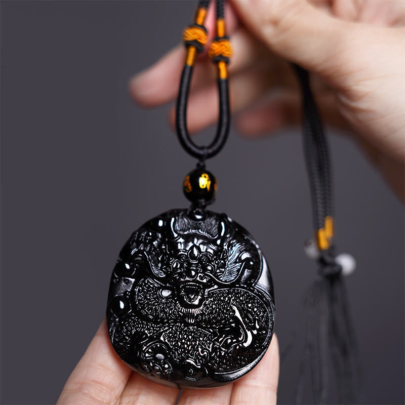 Carved Obsidian Dragon Disc Necklace — product view 3