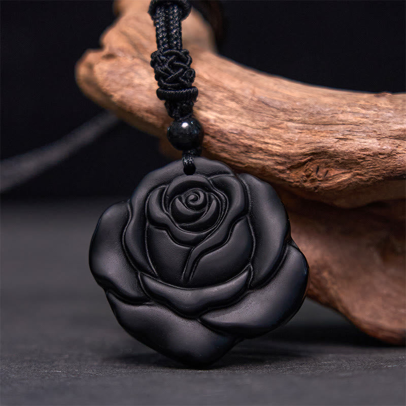 Carved Obsidian Rose Cord Necklace — product view 1