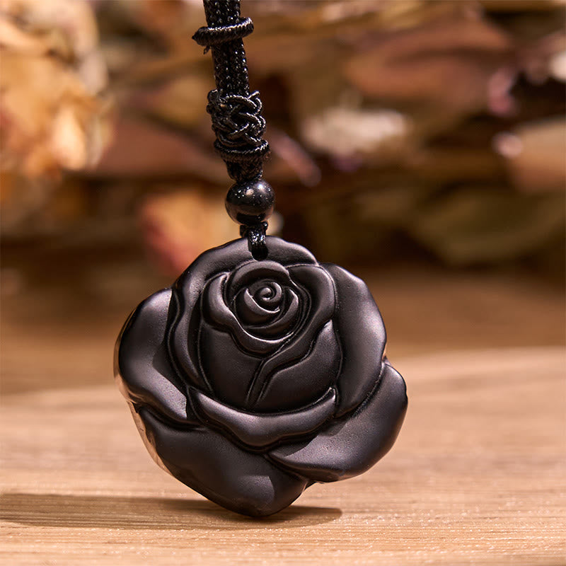 Carved Obsidian Rose Cord Necklace — product view 2