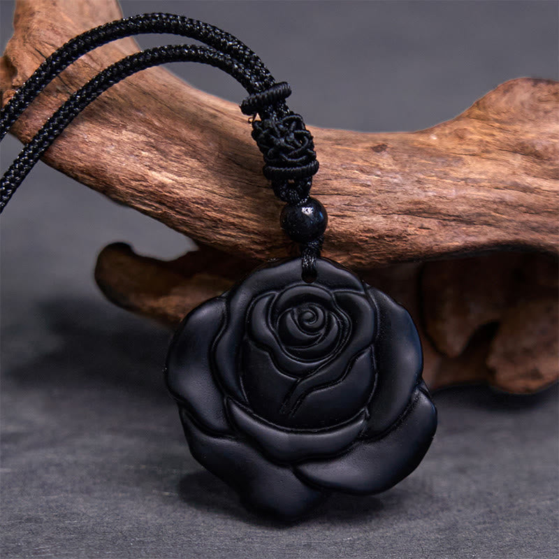 Carved Obsidian Rose Cord Necklace — product view 3