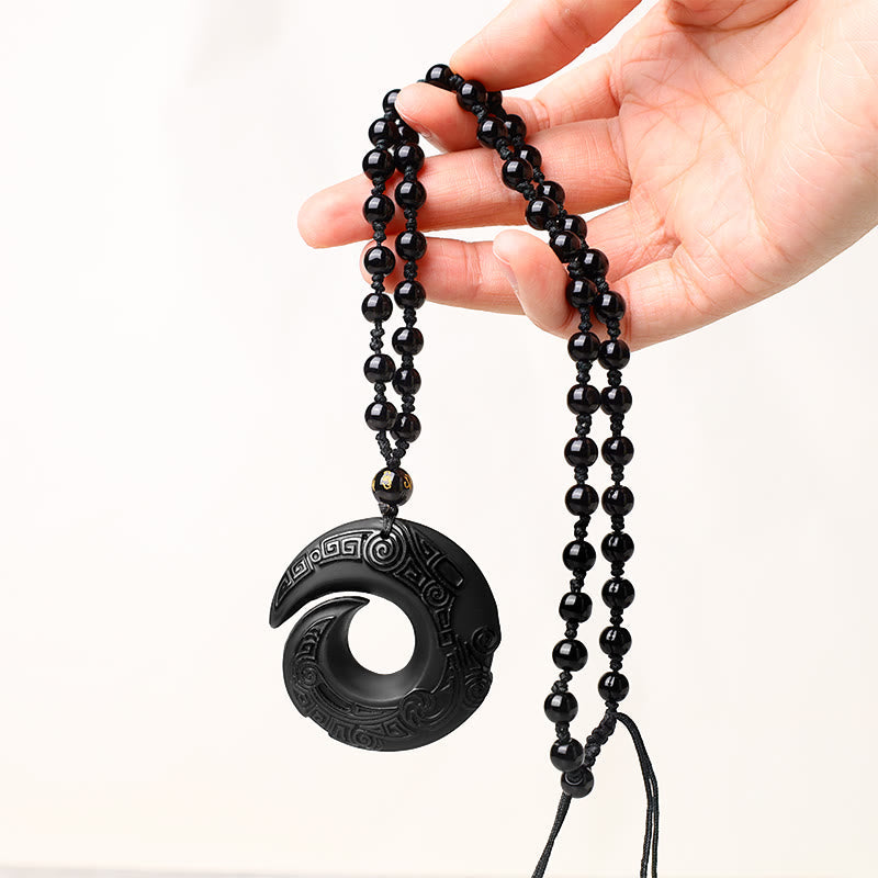 Carved Obsidian Spiral Pendant Necklace — product view 5
