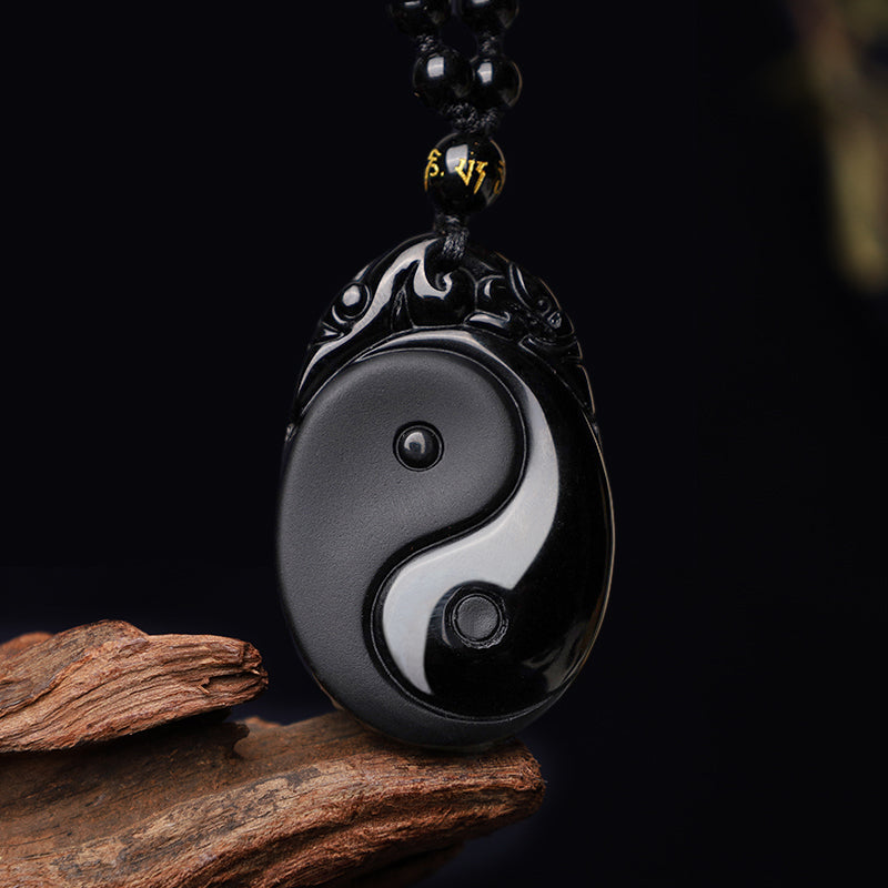 Carved Obsidian Yin Yang Plaque Necklace — product view 1