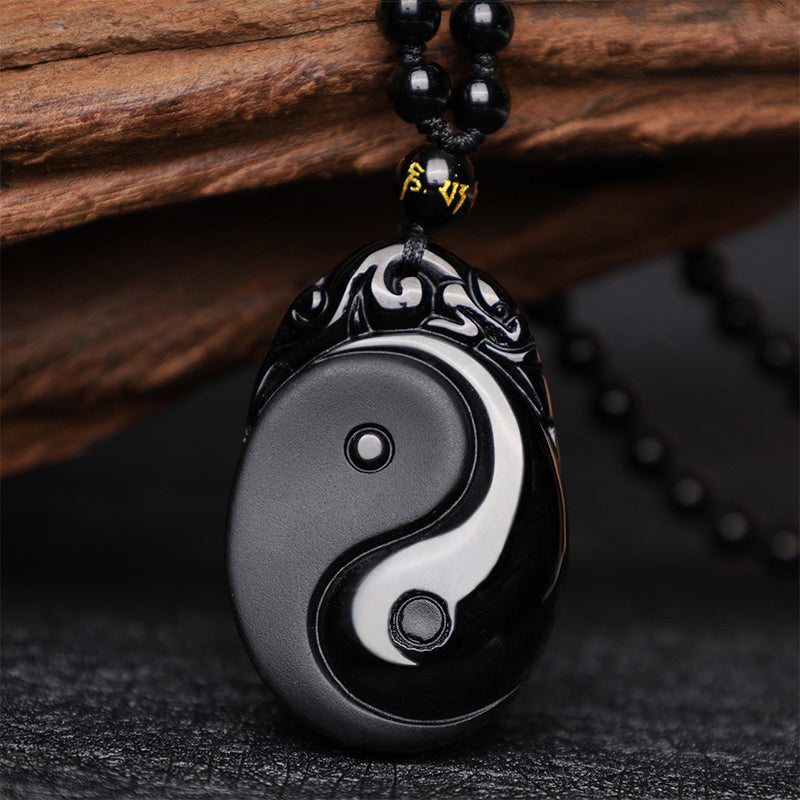 Carved Obsidian Yin Yang Plaque Necklace — product view 2