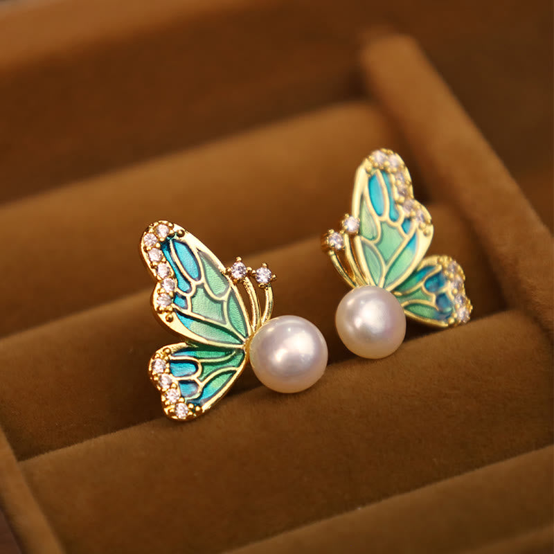 Enamel Butterfly Pearl Stud Earrings — product view 1