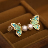 Enamel Butterfly Pearl Stud Earrings — product view 2
