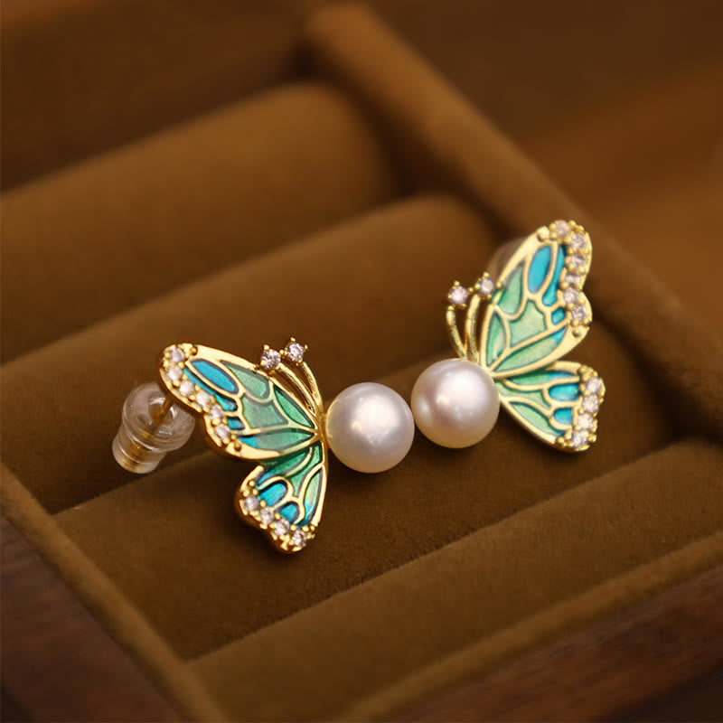 Enamel Butterfly Pearl Stud Earrings — product view 2