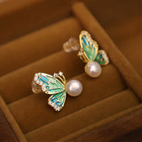 Enamel Butterfly Pearl Stud Earrings — product view 4