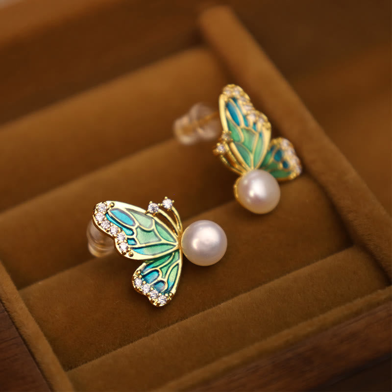 Enamel Butterfly Pearl Stud Earrings — product view 4
