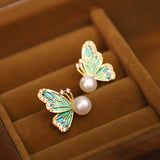 Enamel Butterfly Pearl Stud Earrings — product view 6
