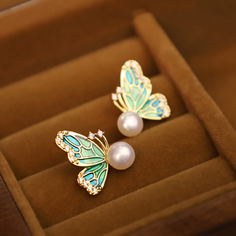 Enamel Butterfly Pearl Stud Earrings — product view 6