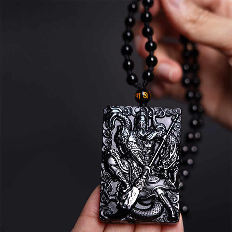 Engraved Obsidian Guan Gong Necklace — product view 2