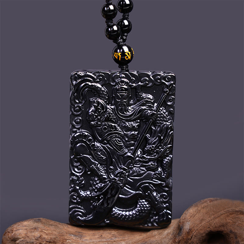 Engraved Obsidian Guan Gong Necklace — product view 4