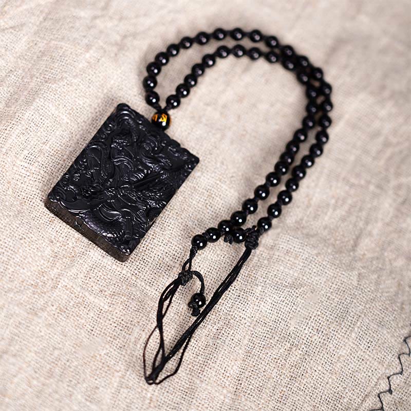 Engraved Obsidian Guan Gong Necklace — product view 6
