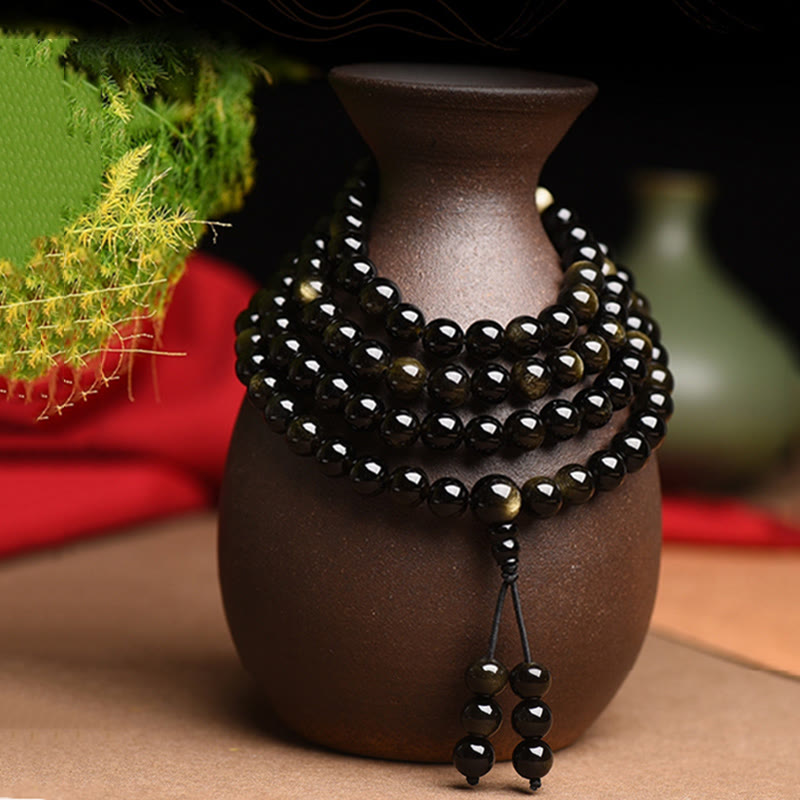 Gold Sheen Obsidian 108-Bead Mala — product view