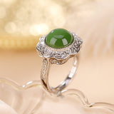 Green Jade Floral Silver Ring — product view