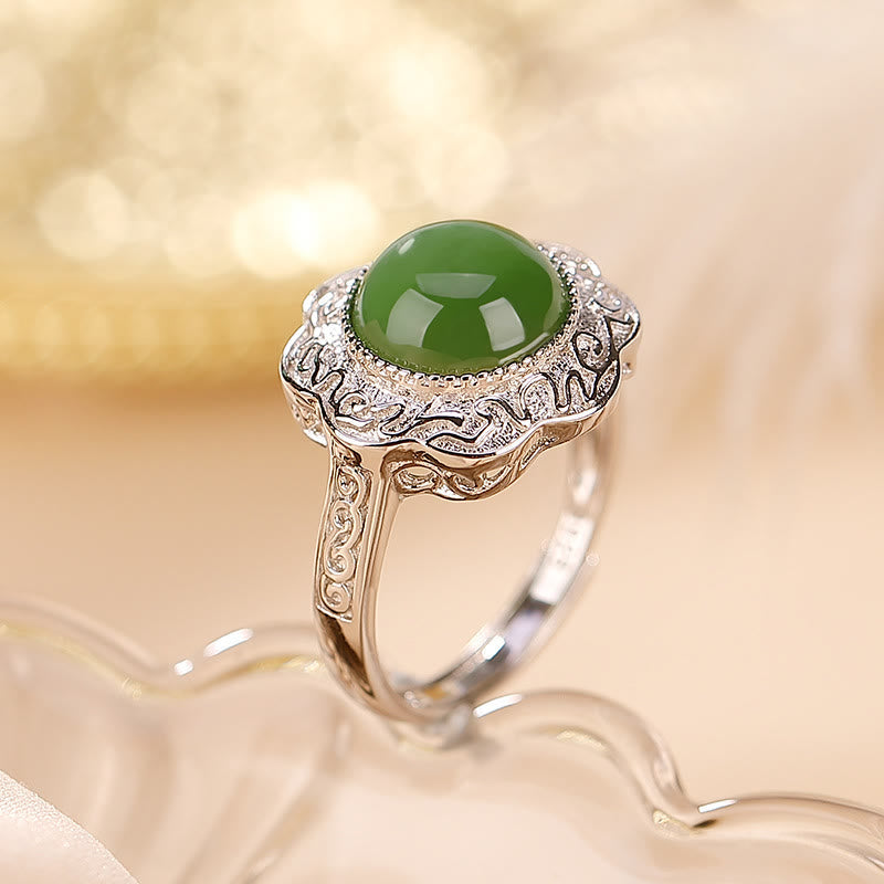 Green Jade Floral Silver Ring — product view
