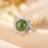 Green Jade Floral Silver Ring — detail view 2