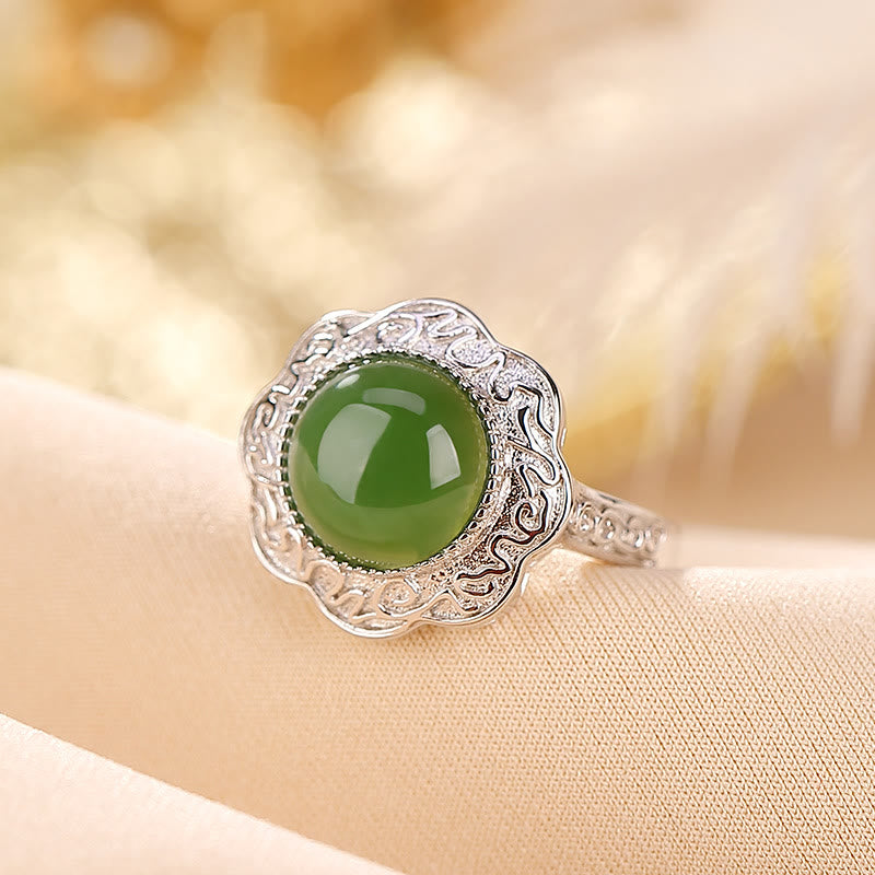 Green Jade Floral Silver Ring — detail view 2