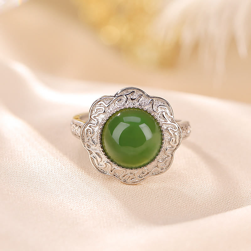 Green Jade Floral Silver Ring — detail view 3