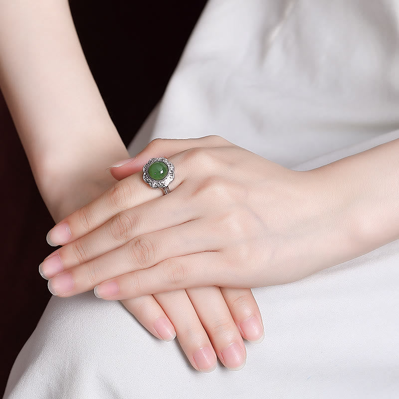 Green Jade Floral Silver Ring — detail view 4
