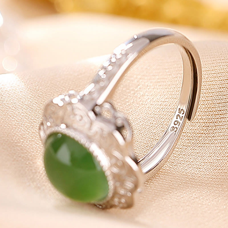 Green Jade Floral Silver Ring — detail view 5
