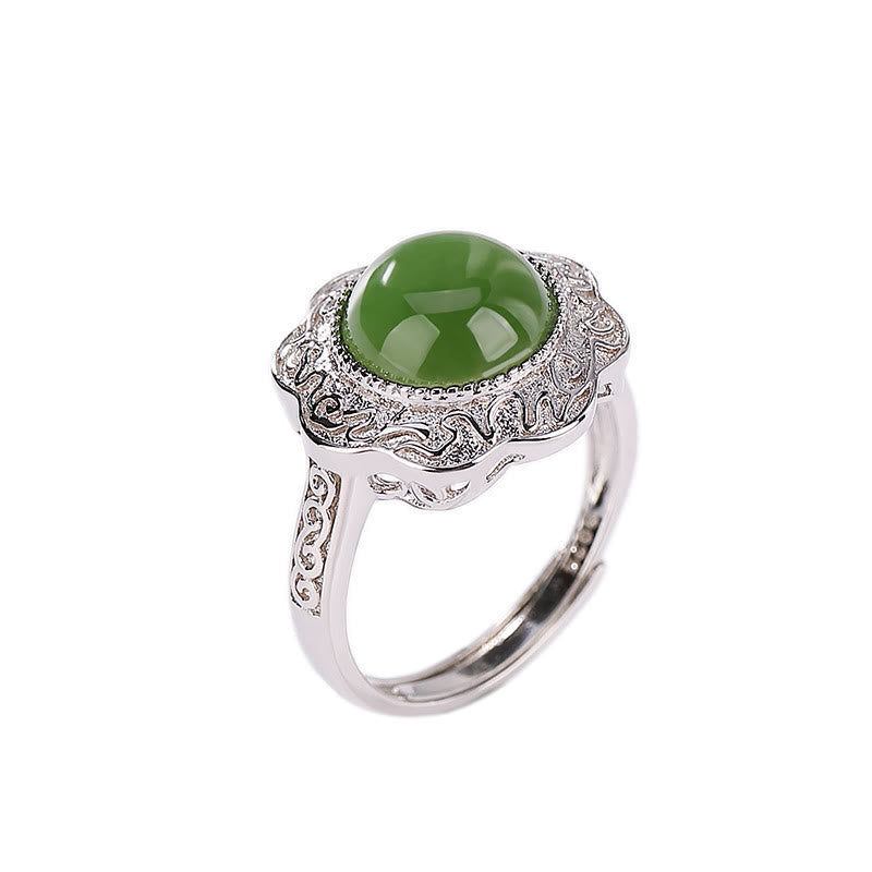 Green Jade Floral Silver Ring — detail view 6