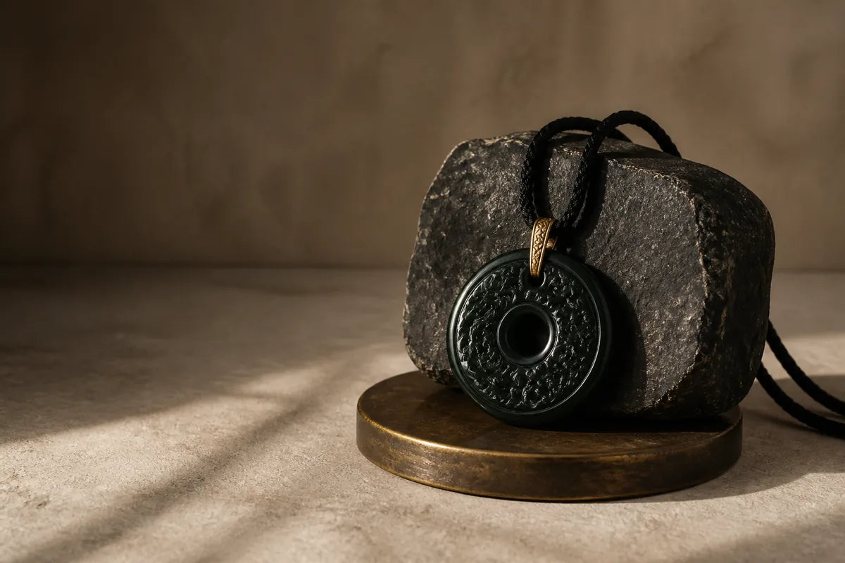 Dark green circular pendant on black cord displayed against dark stone