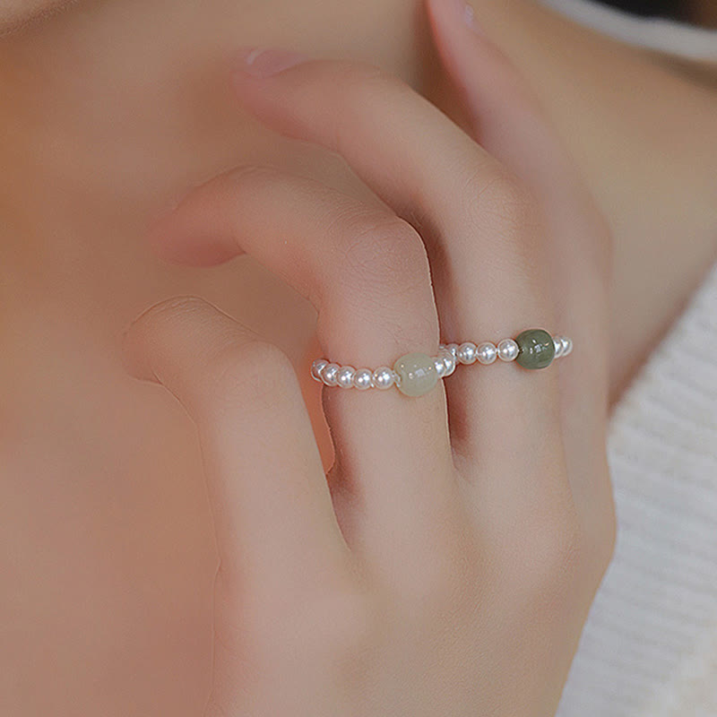 Jade and Pearl Elastic Ring — detail view 5