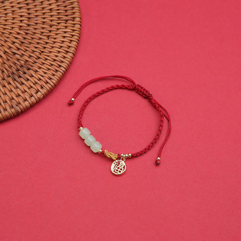 Jade Bead Fu Charm Red Cord Bracelet — product view 3