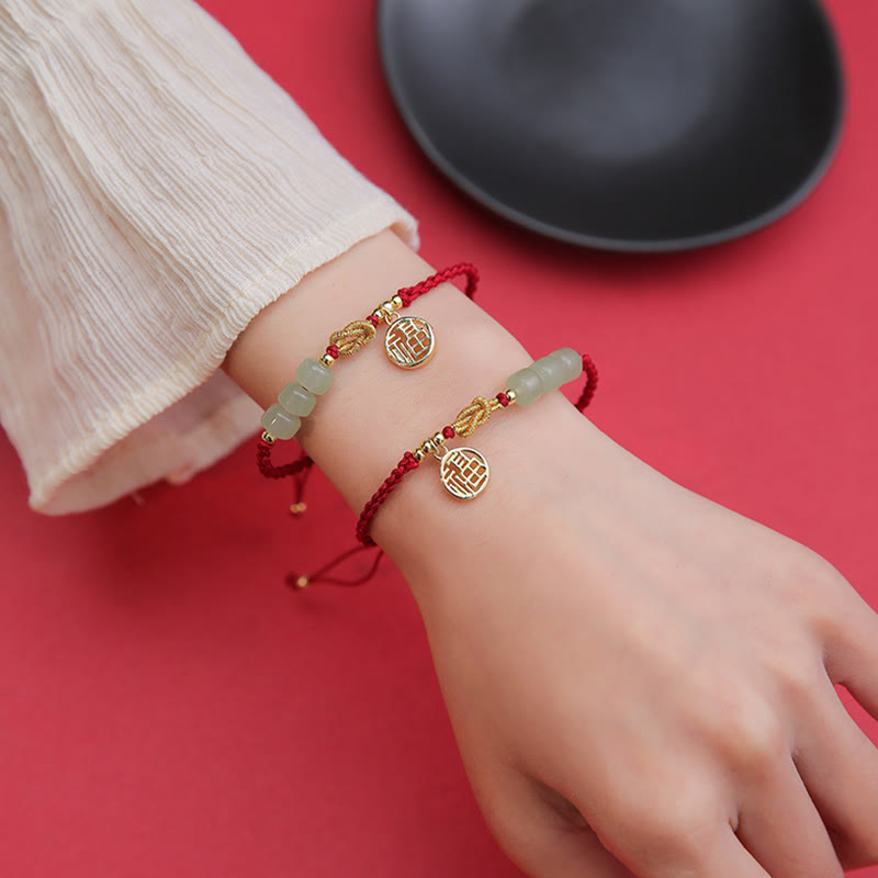 Jade Bead Fu Charm Red Cord Bracelet — product view 6