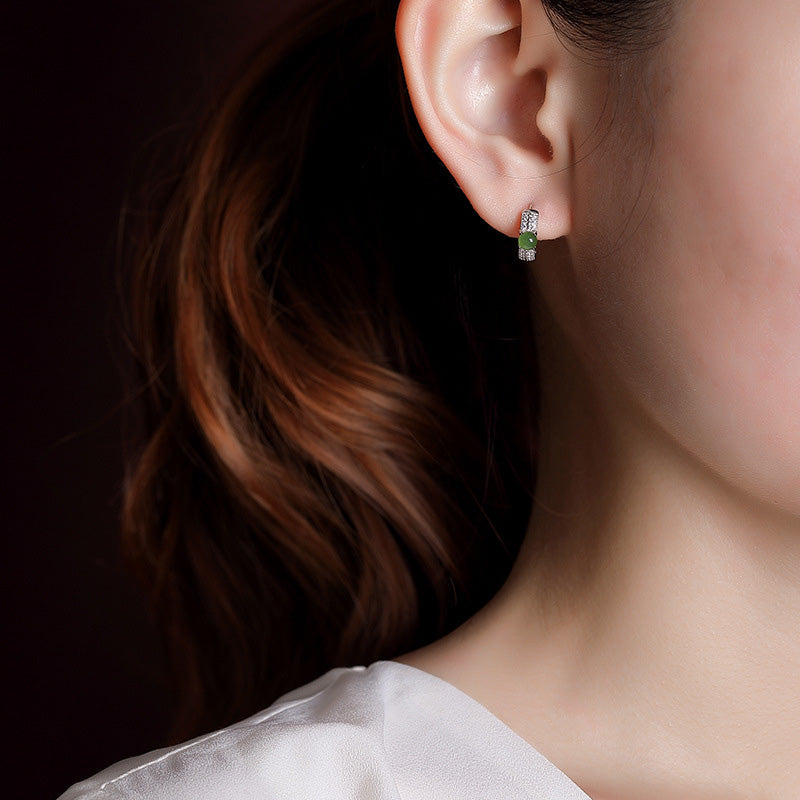 Jade Bead Sterling Silver Hoops — detail view 3