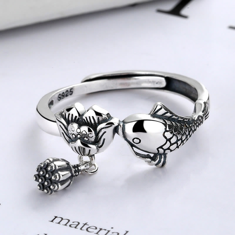 Koi and Lotus Sterling Silver Ring — detail view 2