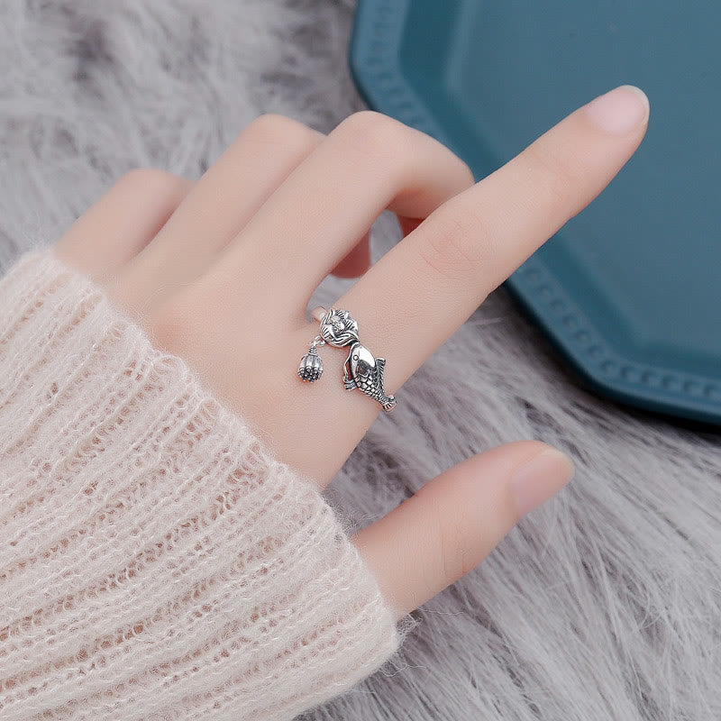 Koi and Lotus Sterling Silver Ring — detail view 5