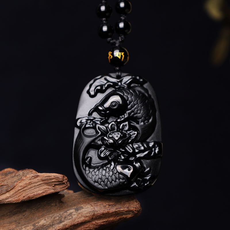 Obsidian Koi and Lotus Necklace — product view