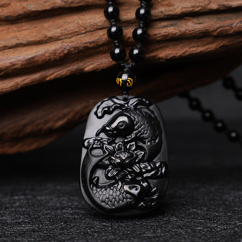 Obsidian Koi and Lotus Necklace — detail view 2