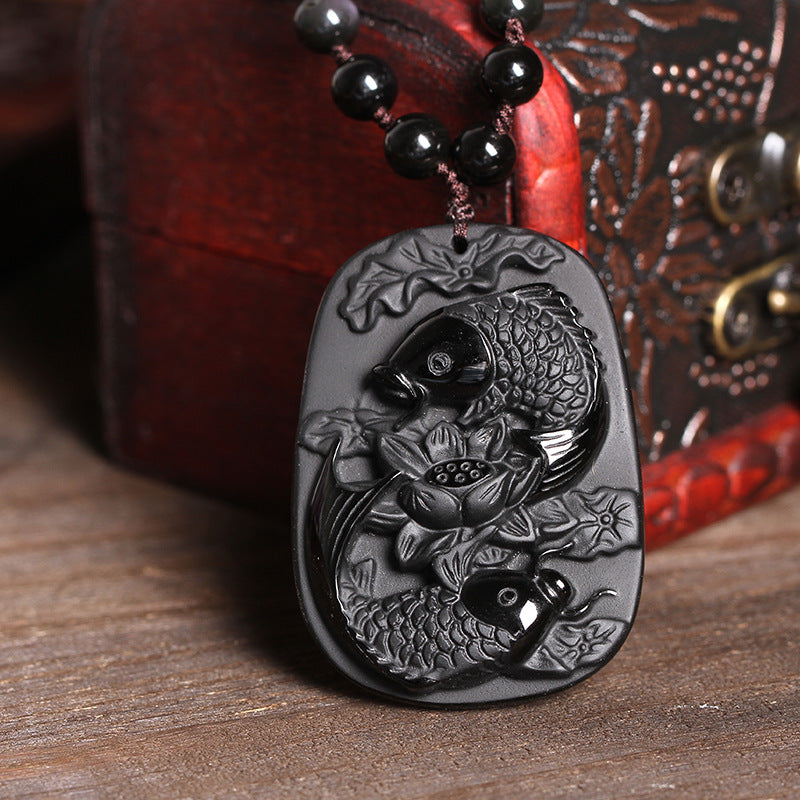 Obsidian Koi and Lotus Necklace — detail view 3