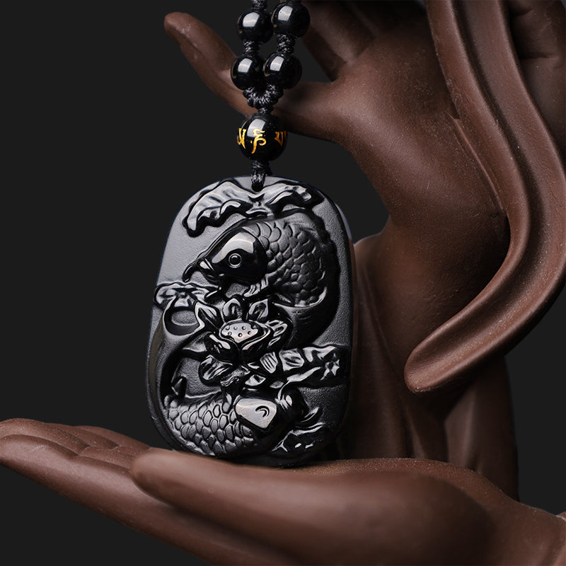 Obsidian Koi and Lotus Necklace — detail view 4