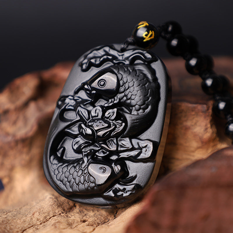 Obsidian Koi and Lotus Necklace — detail view 5