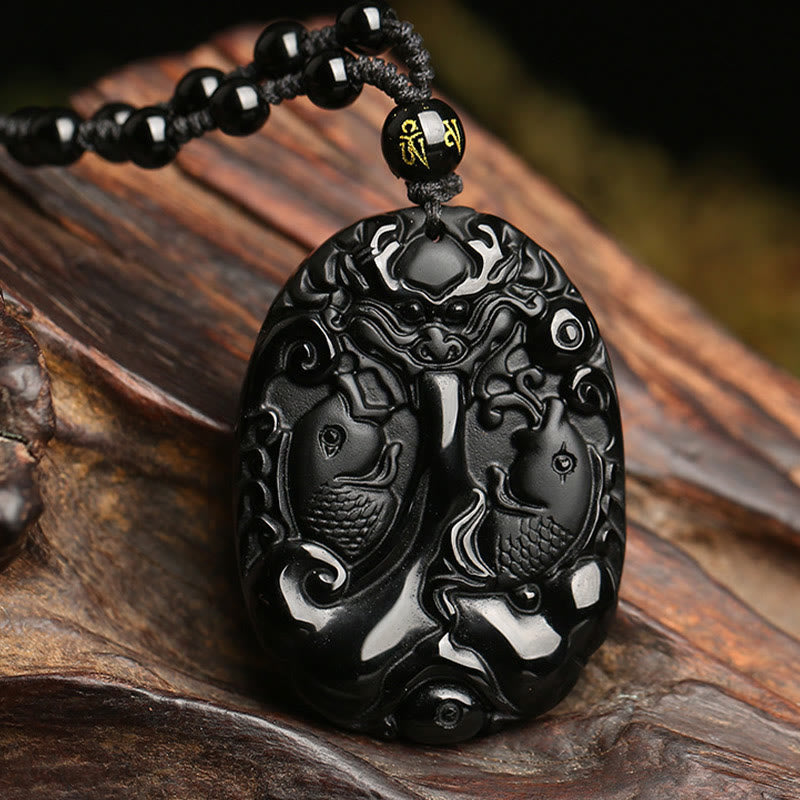 Obsidian Koi Carved Cord Necklace — product view